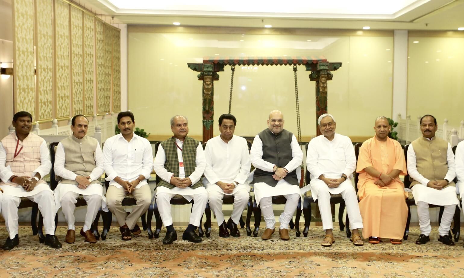 The Union Home Minister Amit Shah in a group photograph, during the review meeting on security issues with the Chief Ministers of Left Wing Extremism (LWE) affected states, in New Delhi