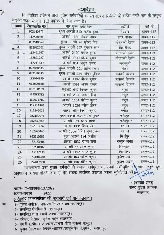 कप्तान ने दरोगाओं, हेड कांस्टेबलों व सिपाहियों की चलाई ट्रांसफर एक्सप्रेस