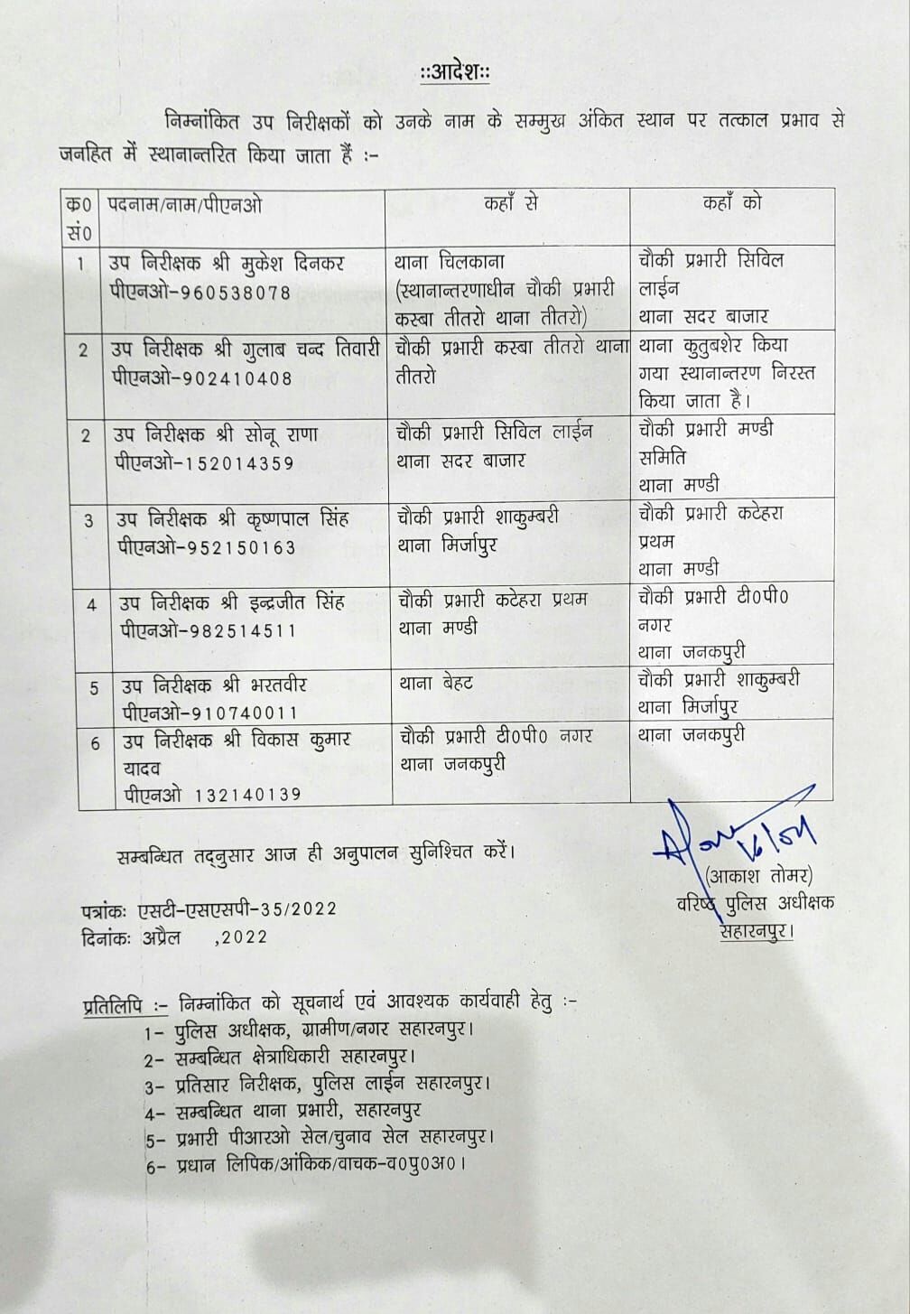 एसएसपी ने आधा दर्जन दारोगाओं के तबादले कर इधर से उधर भेजा
