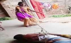 शराबी पति को खंभे से बांध कर पत्नी ने सिखाया सबक