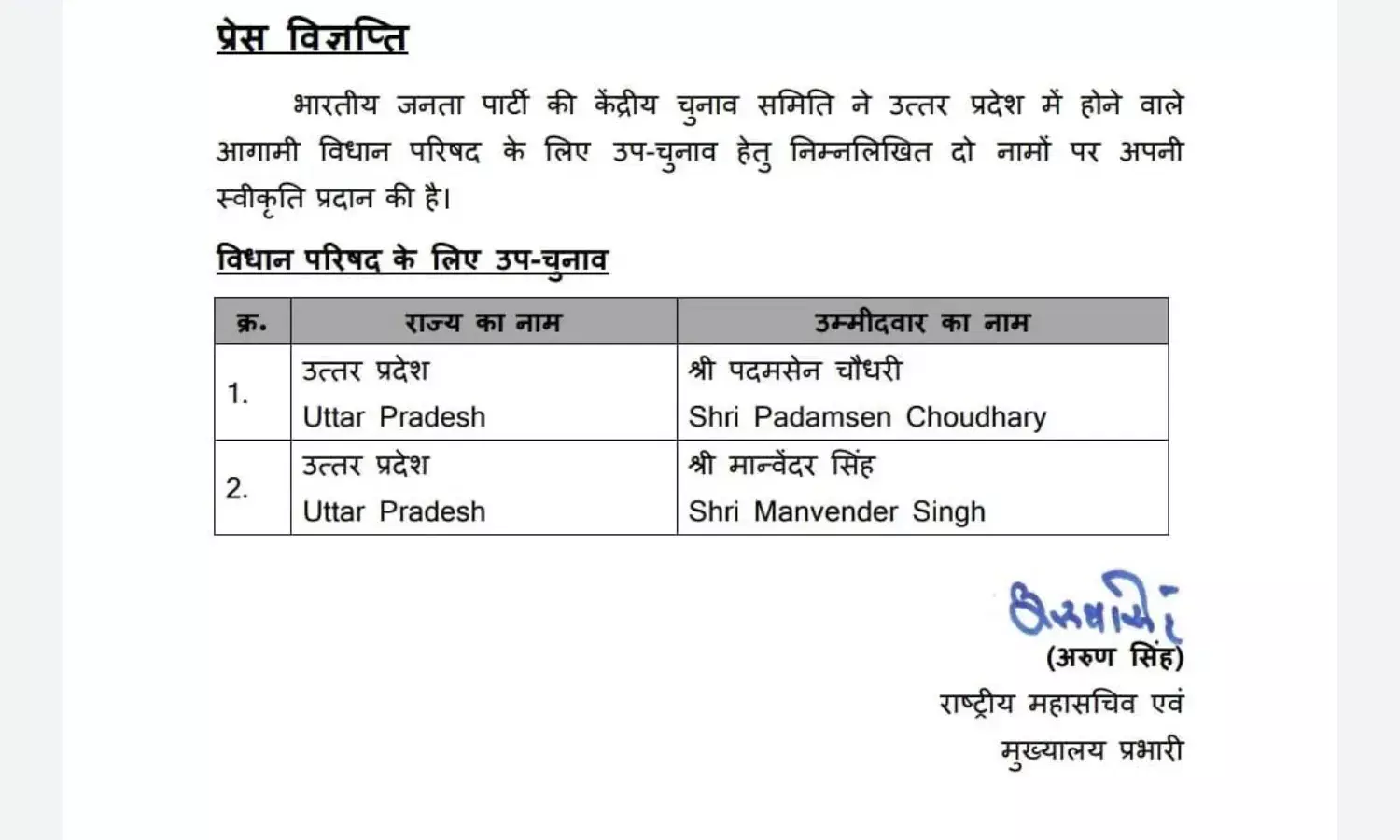 लगी केंद्रीय बीजेपी चुनाव समिति की मोहर- यह दो बड़े नेता बनेंगे एमएलसी