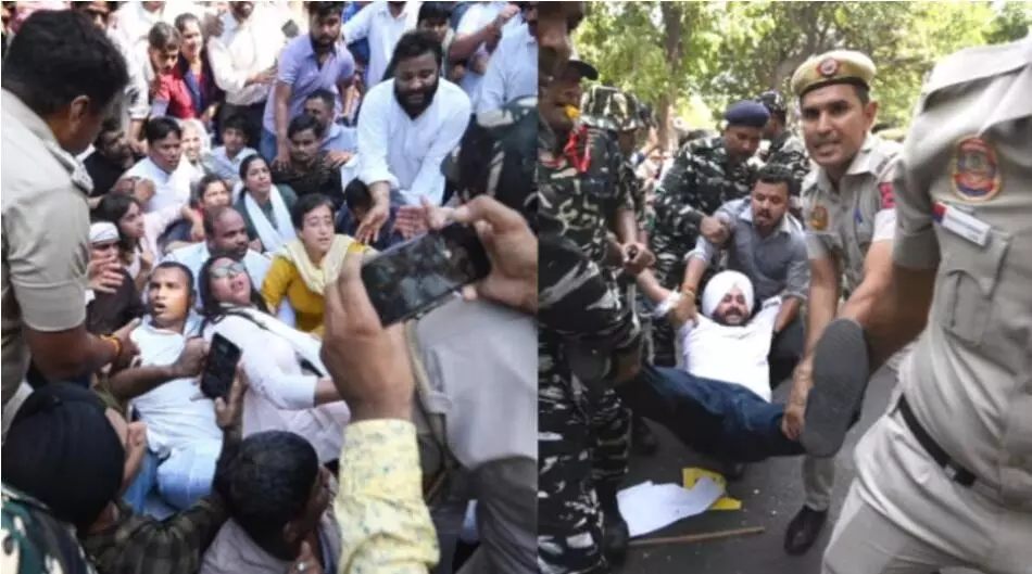 संजय सिंह की गिरफ्तारी के खिलाफ आप कार्यकर्ताओं ने किया प्रदर्शन
