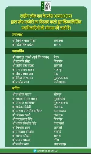 RLD ने किया प्रदेश कमेटी का विस्तार- 2 उपाध्यक्ष 7 महासचिव..