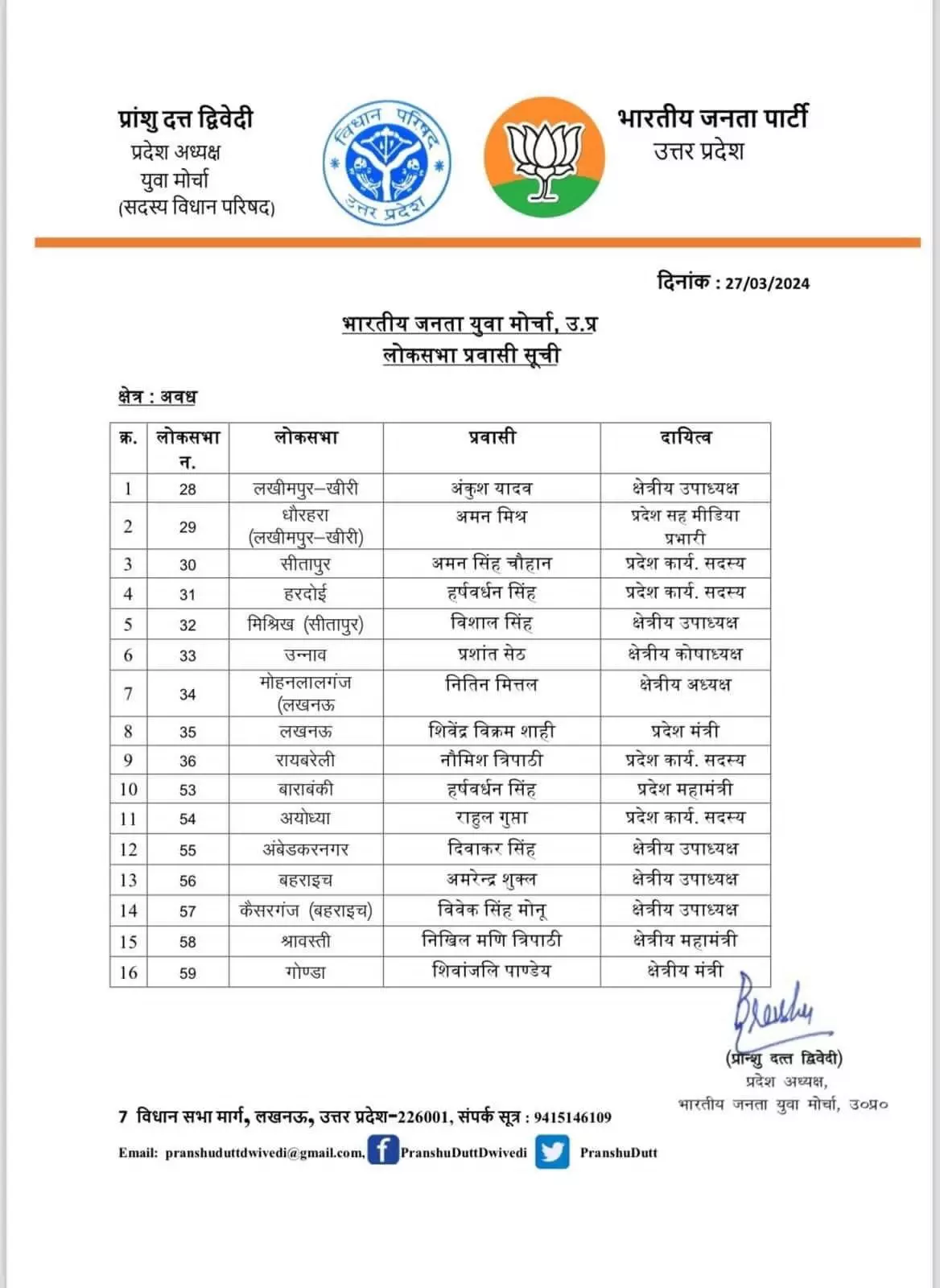भाजयुमो ने नियुक्त किए लोकसभा प्रभारी- इन्हें दी यहां की जिम्मेदारी भाजयुमो ने नियुक्त किए लोकसभा प्रभारी- इन्हें दी यहां की जिम्मेदारी