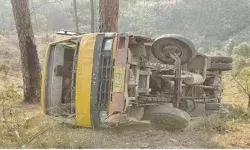 ढलान पर लुढ़की स्कूल बस पलटी- पेड़ ने बचाई बच्चों की जान ढलान पर लुढ़की स्कूल बस पलटी- पेड़ ने बचाई बच्चों की जान