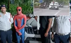 यातायात पुलिस ने स्पाइडरमैन का काटा हजारों का चालान- गाड़ी की बोनट... यातायात पुलिस ने स्पाइडरमैन का काटा हजारों का चालान- गाड़ी की बोनट...