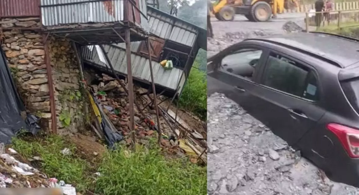 मार्केट में हुए भूधंसाव से दुकानें क्षतिग्रस्त- मलबे में फंसी गाड़ी मार्केट में हुए भूधंसाव से दुकानें क्षतिग्रस्त- मलबे में फंसी गाड़ी