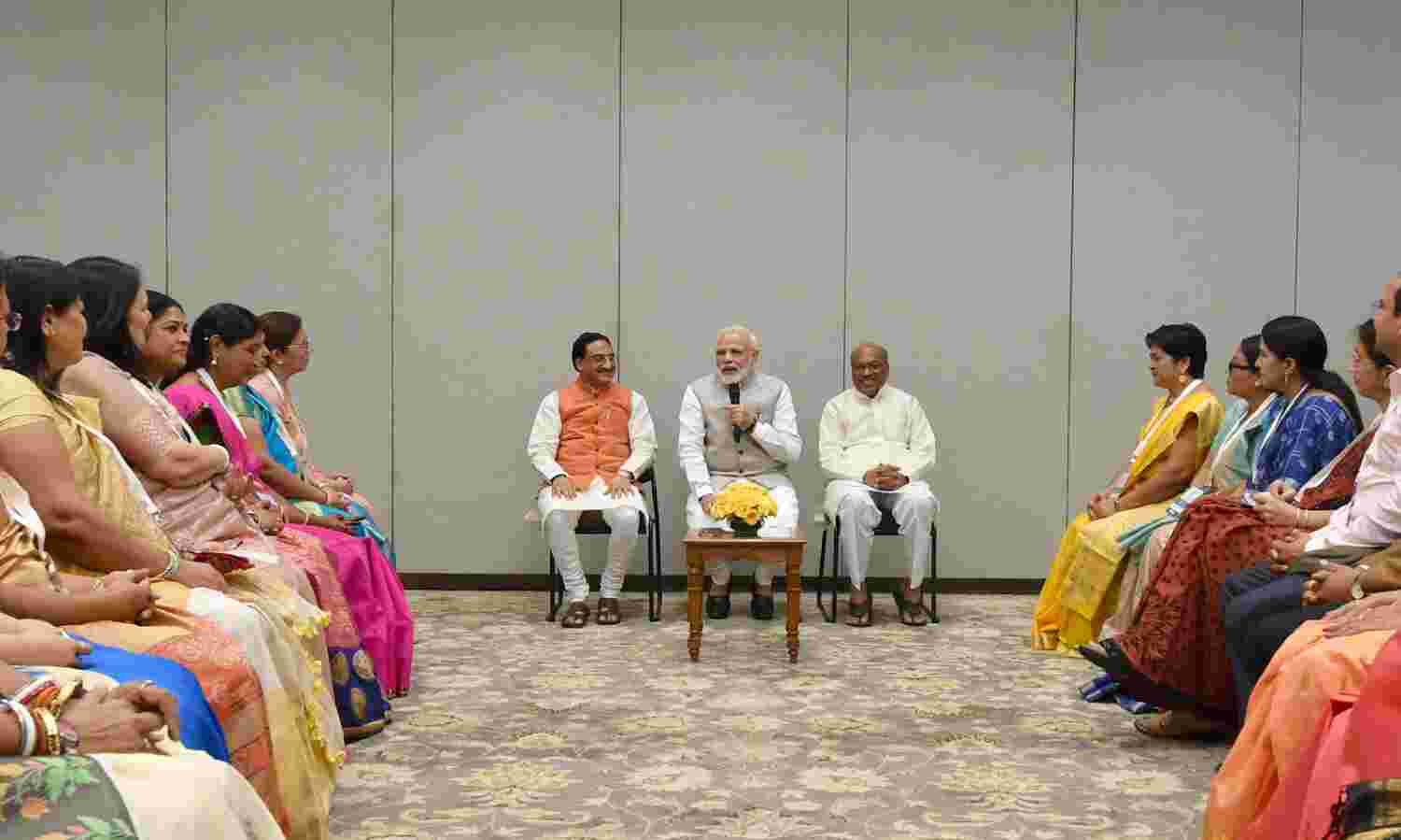 The Prime Minister,  Narendra Modi interacting with the recipients of the National Teacher Awards’ 2018, in New Delhi on September 03, 2019. The Union Minister for Human Resource Development, Dr. Ramesh Pokhriyal ‘Nishank’ and the Minister of State for Human Resource Development, Communications and Information Technology,  Dhotre Sanjay Shamrao are also seen.