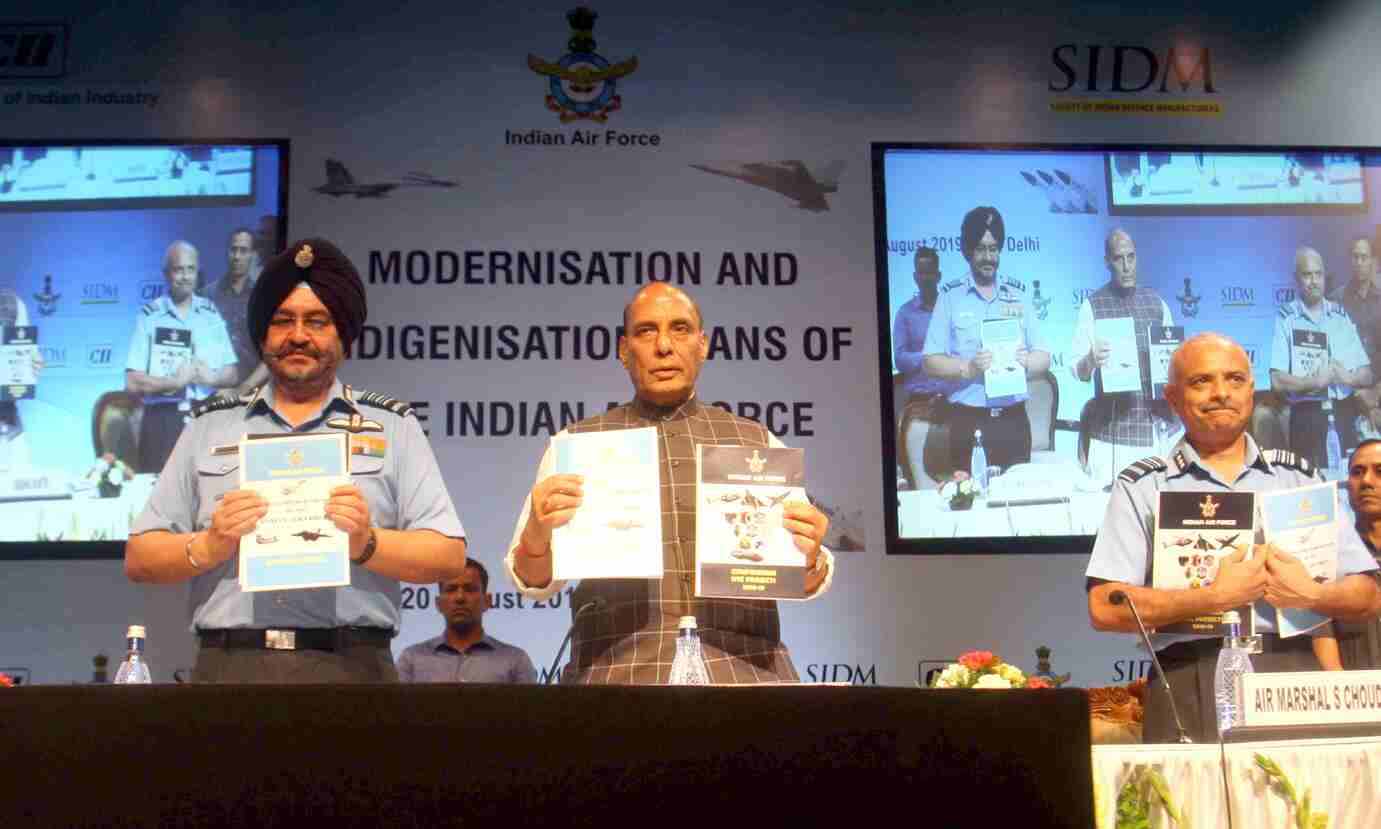 The Union Minister for Defence,  Rajnath Singh releasing the books on indigenisation efforts of defence equipment, at the seminar on ‘Modernisation and Indigenisation plans of the Indian Air Force’, in New Delhi on August 20, 2019. The Chairman Chiefs of Staff Committee and Chief of the Air Staff, Air Chief Marshal B.S. Dhanoa and the Air Officer-in charge Maintenance, Air Marshal S. Choudhary are also seen.