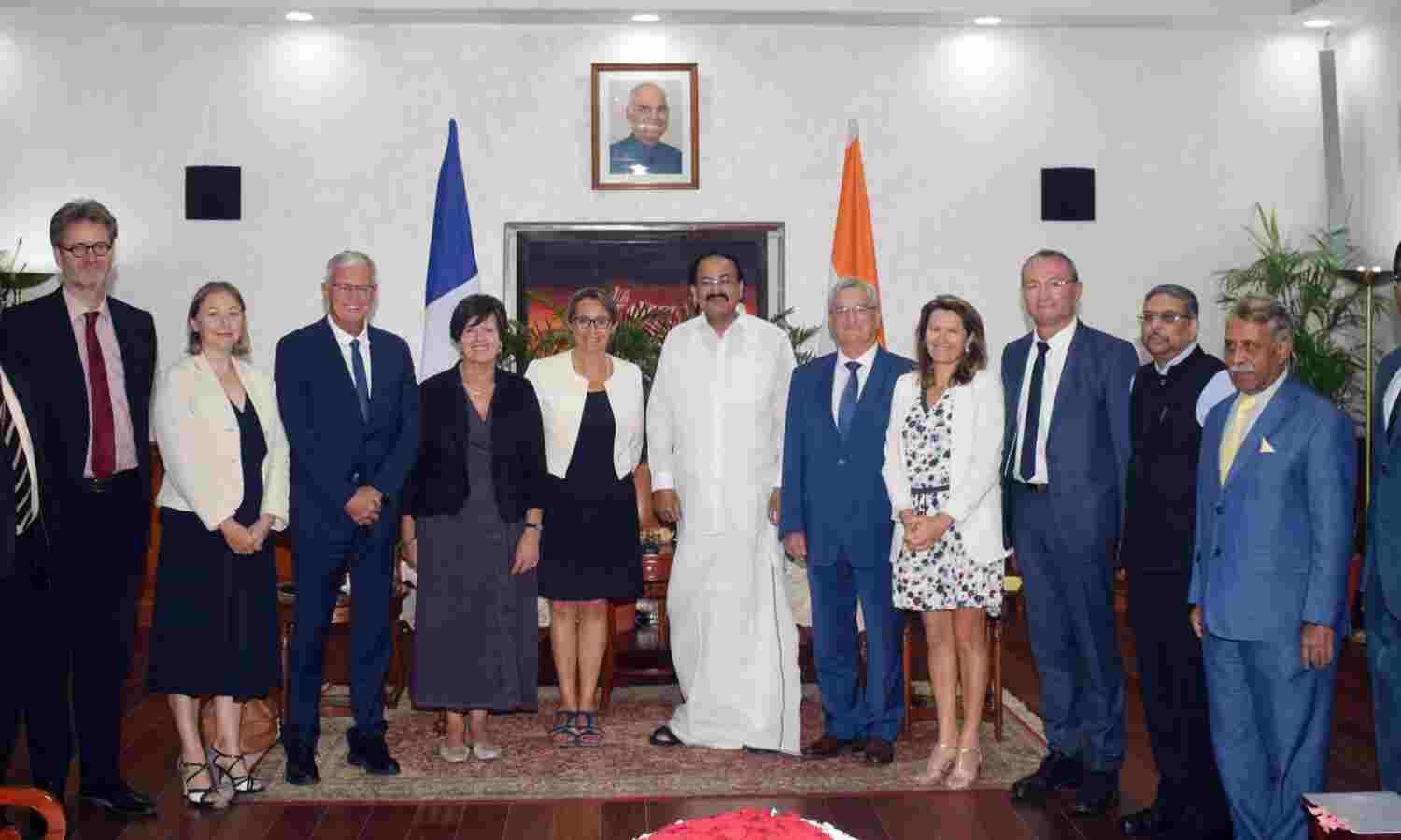 The Vice President,  M. Venkaiah Naidu with the delegation of French Parliamentarians led by the Chair, Senate Standing Committee for Economic Affairs, France, Sophie Primas, in New Delhi on September 09, 2019.