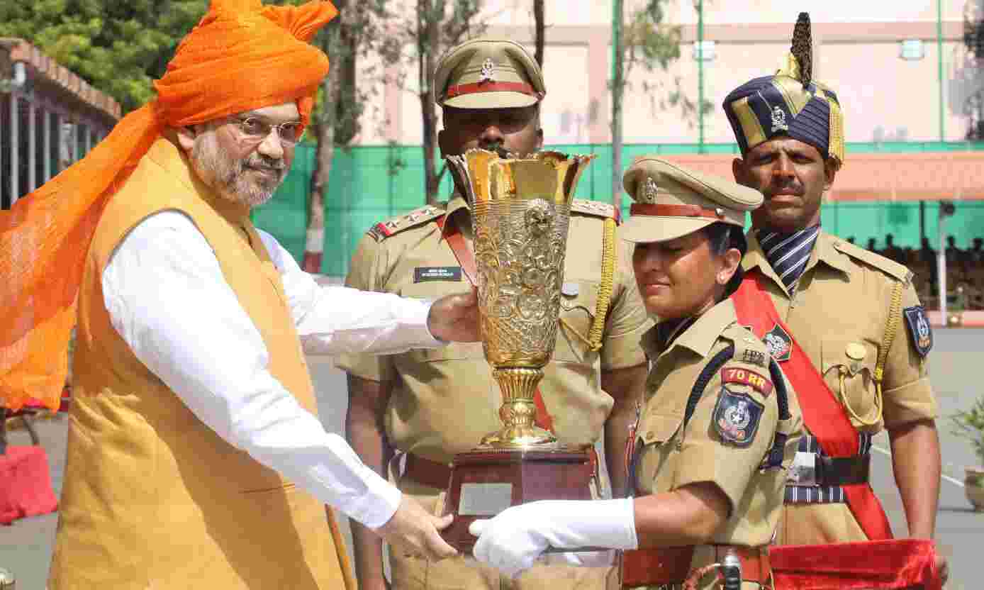 The Union Home Minister,  Amit Shah presenting the award for the Best Lady probationer, at the Passing Out Parade of IPS Probationers, at Sardar Vallabhbhai Patel National Police Academy, in Hyderabad on August 24, 2019