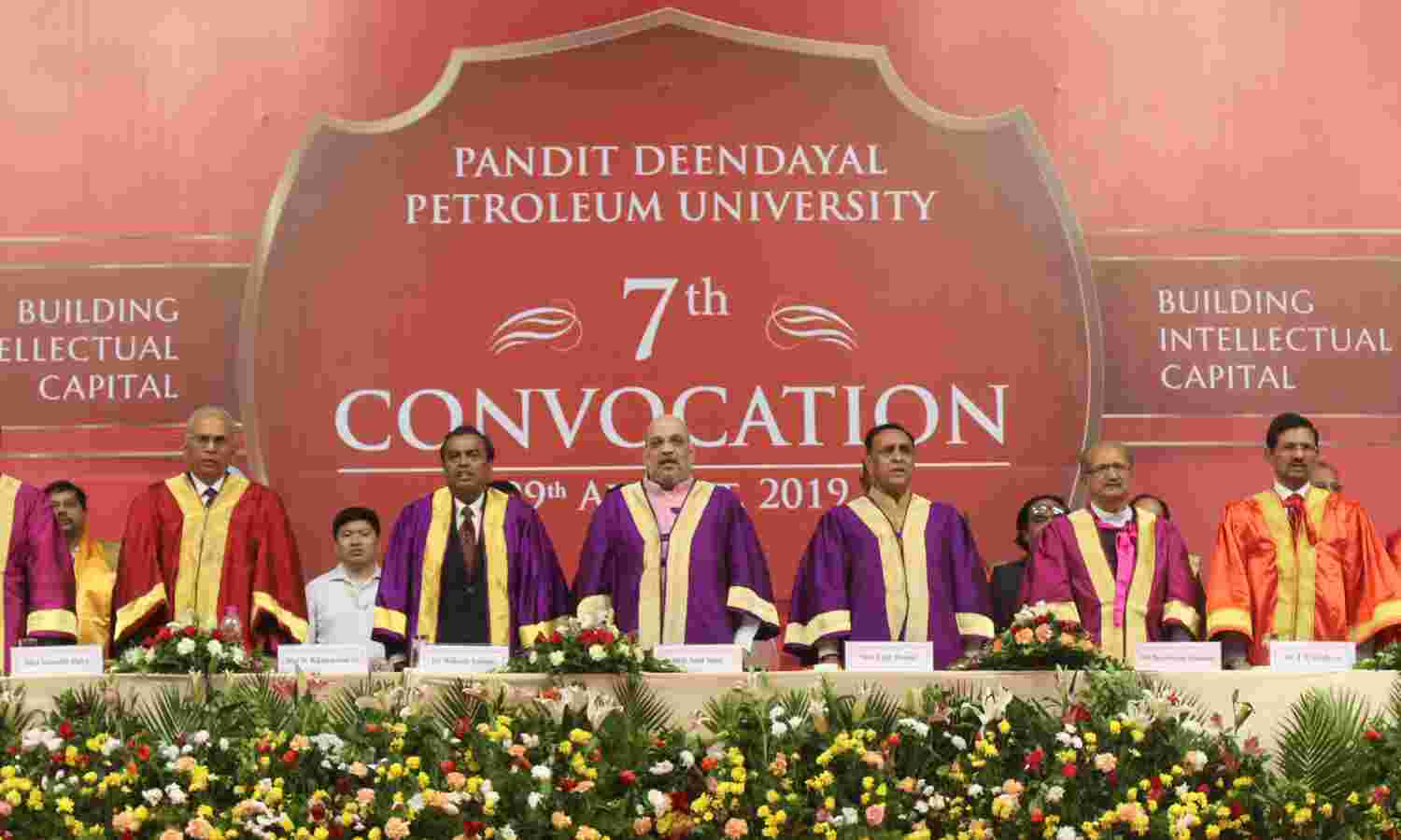 The Union Home Minister,  Amit Shah at the 7th Convocation of Pandit Deendayal Petroleum University, in Gandhinagar on August 29, 2019. The Chief Minister of Gujarat,  Vijay Rupani and other dignitaries are also seen.