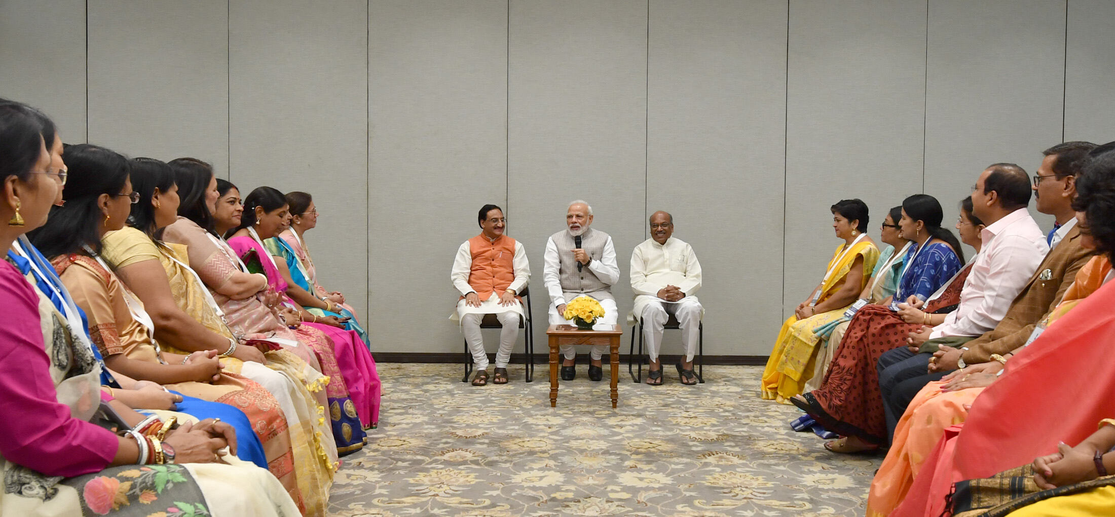 The Prime Minister,  Narendra Modi interacting with the recipients of the National Teacher Awards’ 2018, in New Delhi on September 03, 2019. The Union Minister for Human Resource Development, Dr. Ramesh Pokhriyal ‘Nishank’ and the Minister of State for Human Resource Development, Communications and Information Technology,  Dhotre Sanjay Shamrao are also seen.