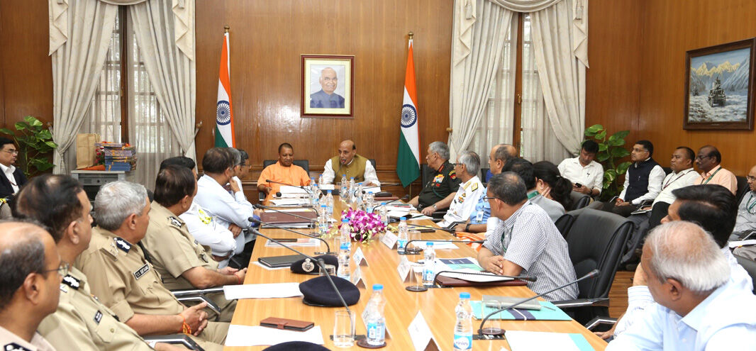 The Union Minister for Defence,  Rajnath Singh chairing the 1st Apex Committee Meeting for DefExpo 2020, in New Delhi on September 09, 2019. The Chief Minister of Uttar Pradesh, Yogi Adityanath, the Chief of Army Staff, General Bipin Rawat, the Chief of Naval Staff, Admiral Karambir Singh, the Defence Secretary, Dr. Ajay Kumar and the Secretary (Defence Production), Subhash Chandra are also seen.