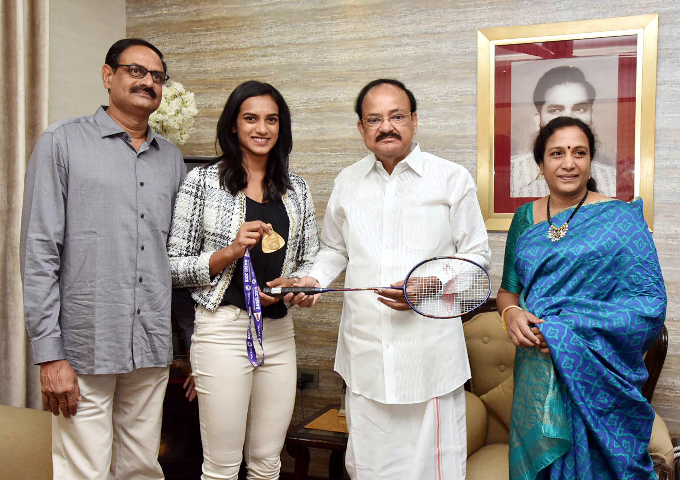The World Badminton Champion, Ms. P.V. Sindhu along with her parents calling on the Vice President, M. Venkaiah Naidu, in Hyderabad on August 31, 2019. The World Badminton Champion, Ms. P.V. Sindhu along with her parents calling on the Vice President, M. Venkaiah Naidu, in Hyderabad on August 31, 2019.