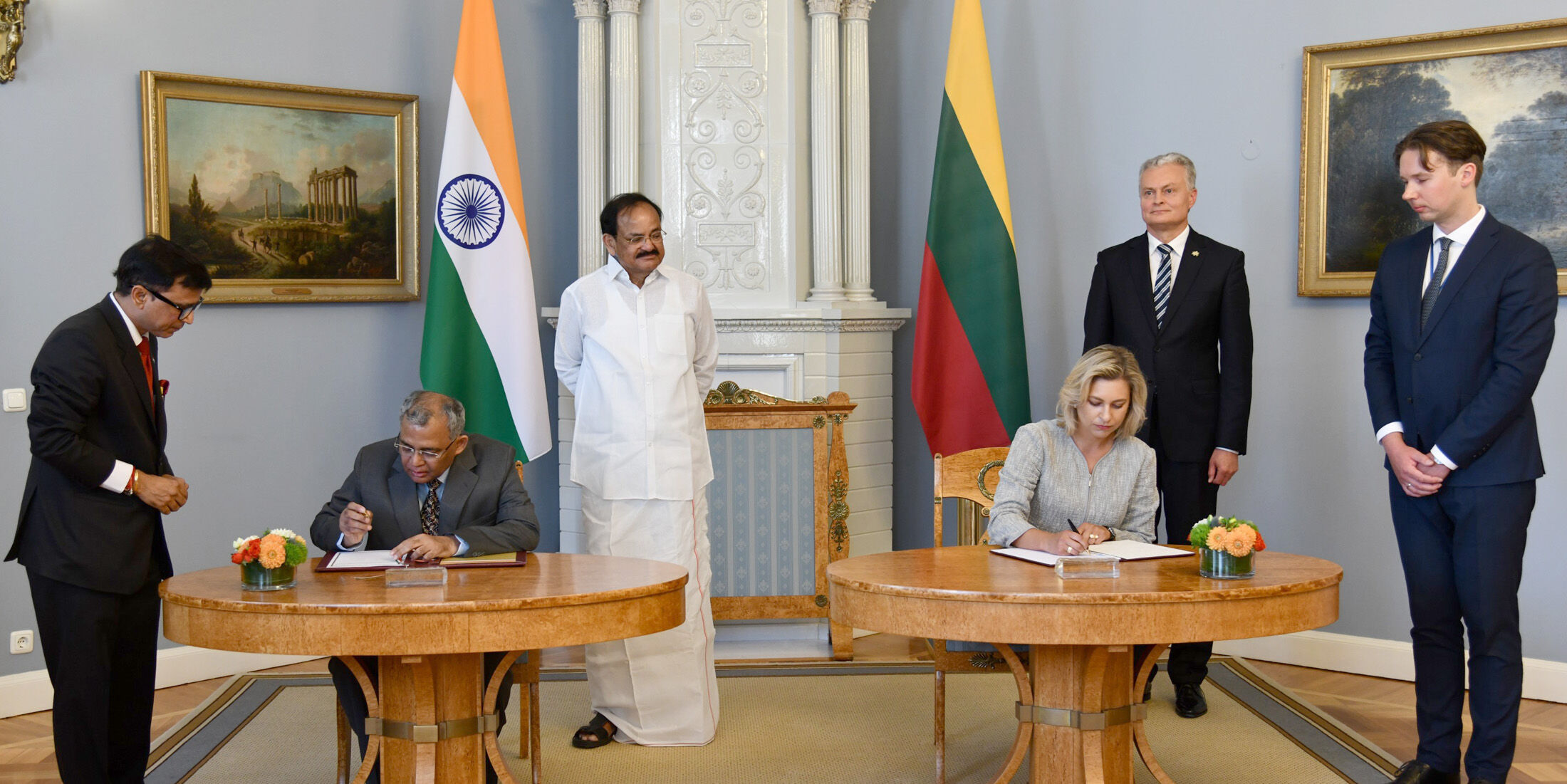 The Vice President, M. Venkaiah Naidu and the President of the Republic of Lithuania, Gitanas Nauseda witnessing the signing of agreements between India and Lithuania for cooperation in the fields of agriculture, legal affairs and cultural exchange, at the Presidential Palace, in Vilnius, Lithuania The Vice President, M. Venkaiah Naidu and the President of the Republic of Lithuania, Gitanas Nauseda witnessing the signing of agreements between India and Lithuania for cooperation in the fields of agriculture, legal affairs and cultural exchange, at the Presidential Palace, in Vilnius, Lithuania