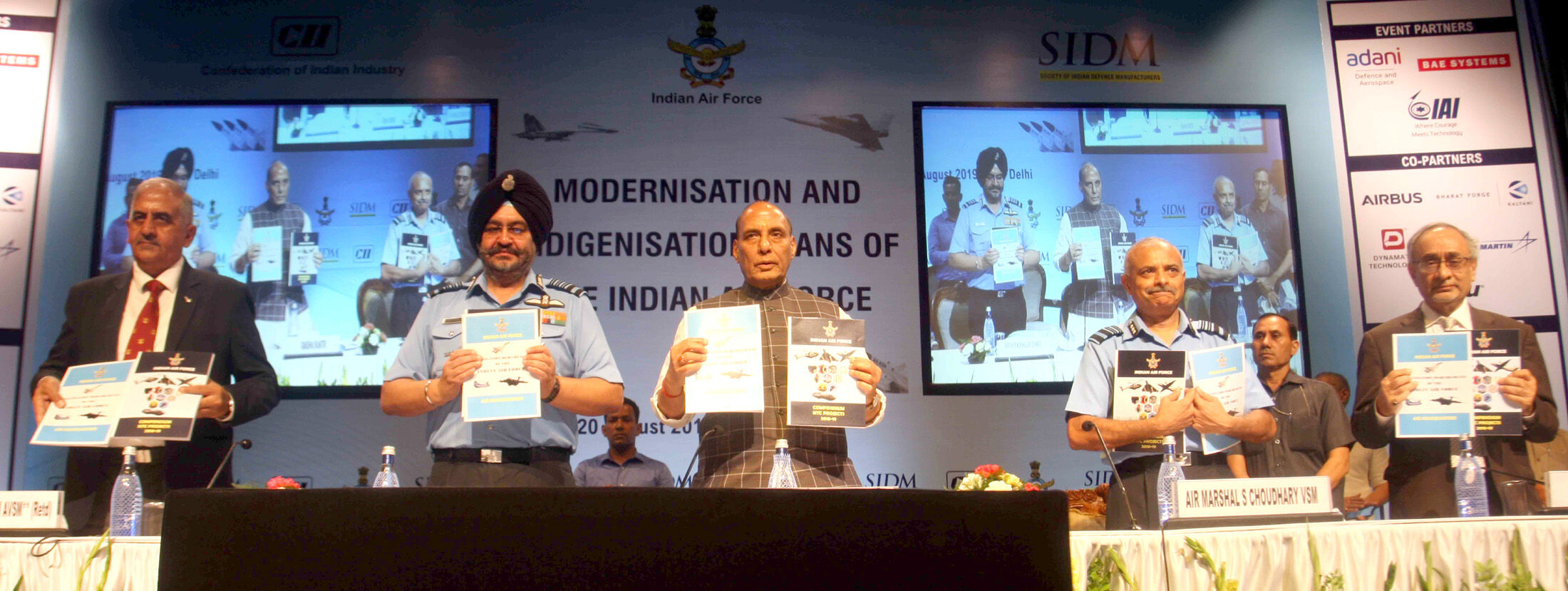 The Union Minister for Defence,  Rajnath Singh releasing the books on indigenisation efforts of defence equipment, at the seminar on ‘Modernisation and Indigenisation plans of the Indian Air Force’, in New Delhi on August 20, 2019. The Chairman Chiefs of Staff Committee and Chief of the Air Staff, Air Chief Marshal B.S. Dhanoa and the Air Officer-in charge Maintenance, Air Marshal S. Choudhary are also seen.