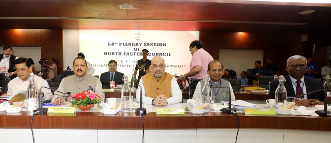 The Union Home Minister,  Amit Shah chairing the 68th plenary session of North Eastern Council (NEC), in Guwahati, Assam on September 08, 2019. The Governor of Assam,  Jagdish Mukhi, the Minister of State for Development of North Eastern Region (I/C), Prime Minister’s Office, Personnel, Public Grievances & Pensions, Atomic Energy and Space, Dr. Jitendra Singh, the Chief Minister of Assam, Shri Sarbananda Sonowal and the Secretary, DARPG and Pensions & Pensioner’s Welfare,  K.V. Eapen are also seen.