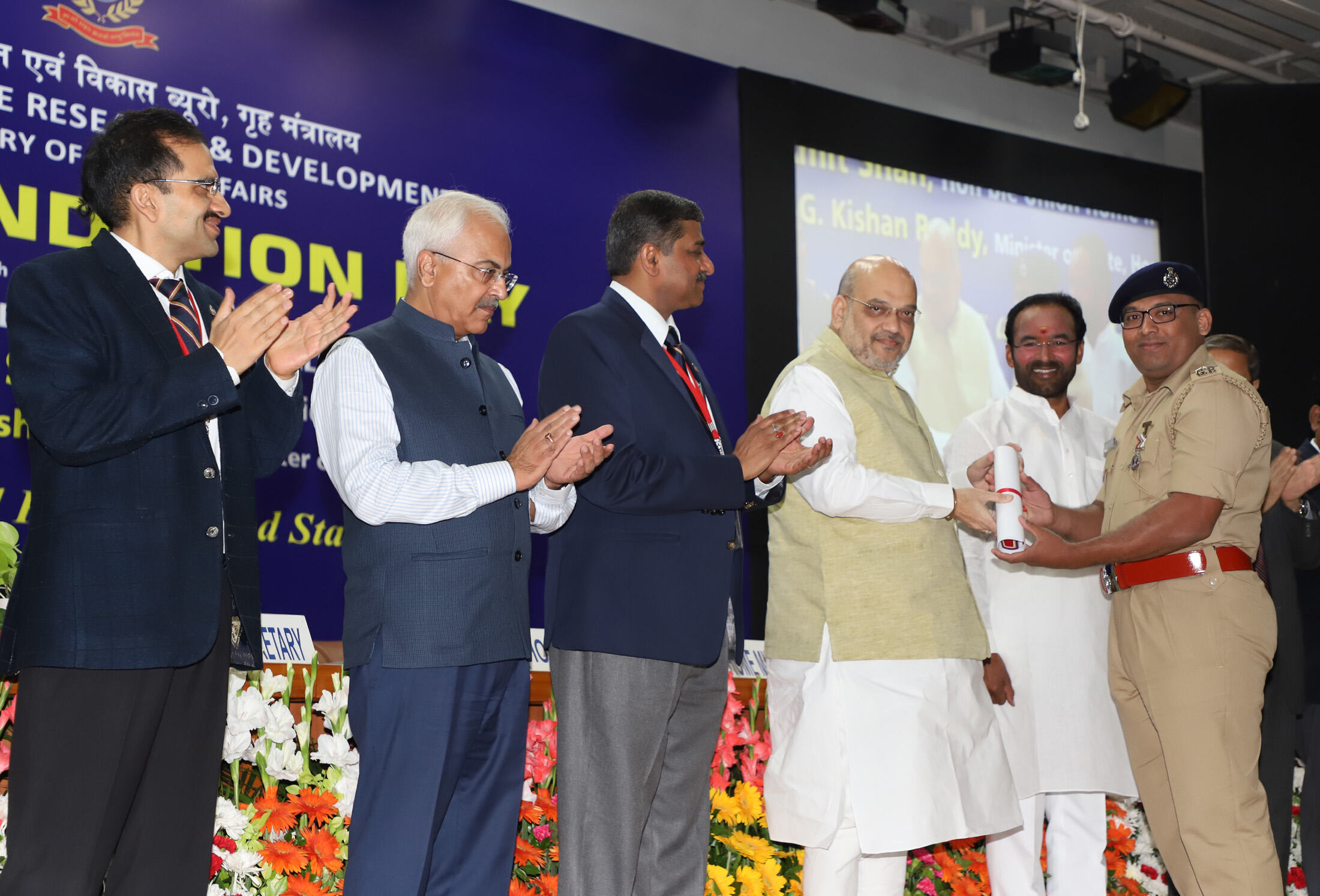 The Union Home Minister, Amit Shah addressing the gathering at the 49th Foundation Day of Bureau of Police Research and Development (BPRD), in New Delhi on August 28, 2019. The Minister of State for Home Affairs, G. Kishan Reddy, the Union Home Secretary,  Ajay Kumar Bhalla and other dignitaries are also seen.