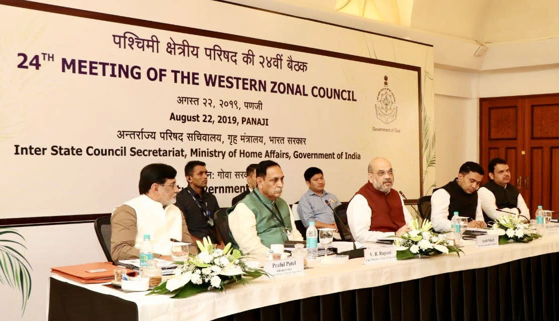 The Union Home Minister, Amit Shah chairing the 24th Meeting of the Western Zonal Council, in Panaji, Goa on August 22, 2019. The Chief Minister of Gujarat,  Vijay Rupani, the Chief Minister of Maharashtra, Devendra Fadnavis, the Chief Minister of Goa, Dr. Pramod Sawant and the Administrator of the UTs of Dadra & Nagar Haveli and Daman & Diu, Praful Patel are also seen