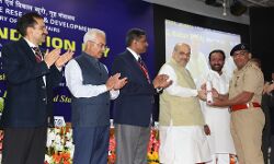 The Union Home Minister, Amit Shah addressing the gathering at the 49th Foundation Day of Bureau of Police Research and Development (BPRD), in New Delhi on August 28, 2019. The Minister of State for Home Affairs, G. Kishan Reddy, the Union Home Secretary,  Ajay Kumar Bhalla and other dignitaries are also seen.